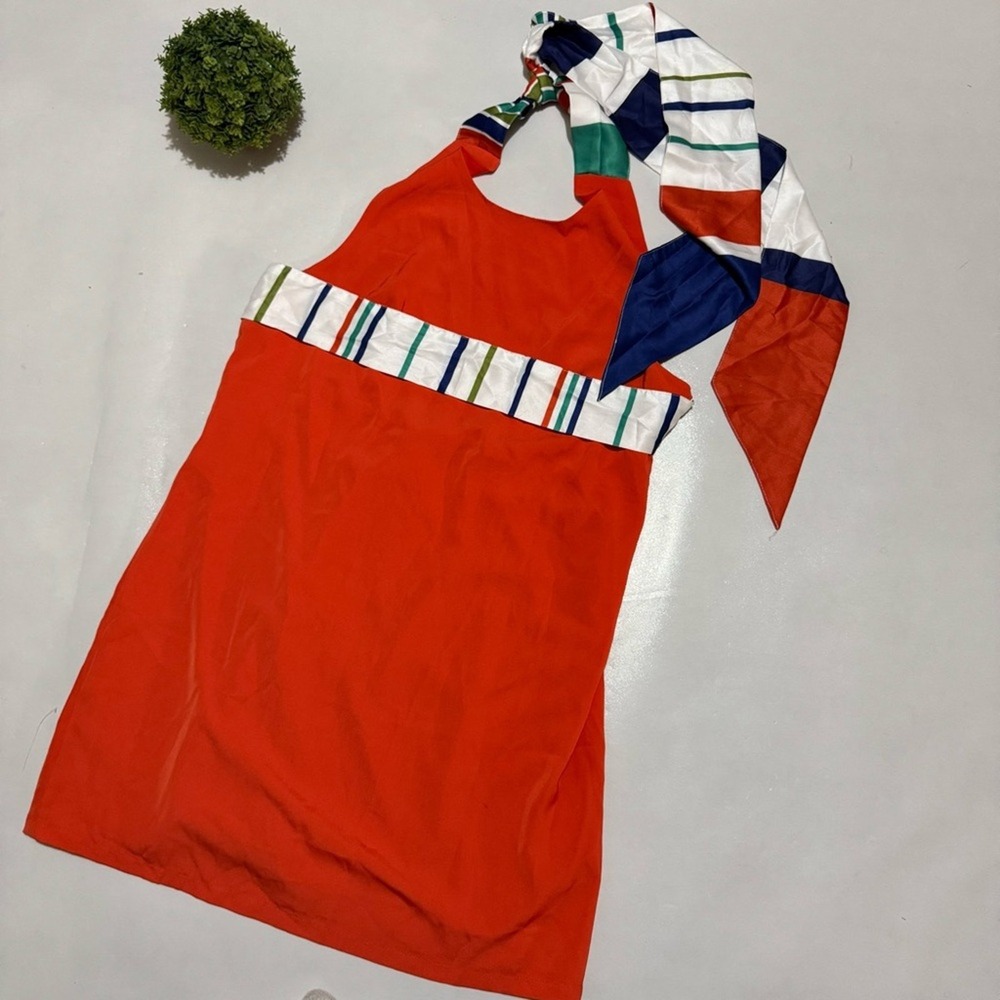 Lulus NWT Joyful Red Orange Multi Stripe Tie Back Dress Size XL‎